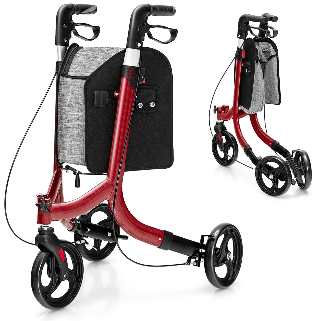 Costway 3-Wheel Rolling Walker Folding Rollator Walker with 8 inch Wheels Red\Black